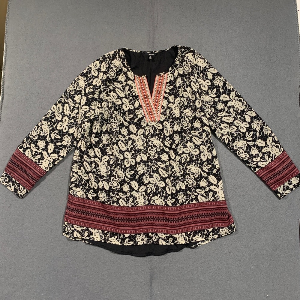 J. Peterman Womens Medium Floral Lace Print Tunic Top Embroidered V-Neck Lined